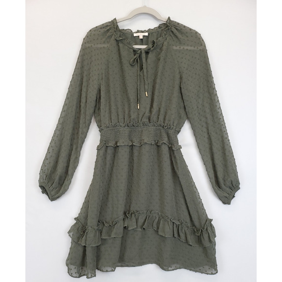 Skies Are Blue Short Dress Tired Ruffled Peasant Sleeve Smocked Women XS Olive‎ - Picture 1 of 12